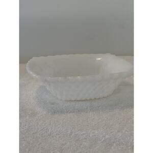 Anchor Hocking Bowl PC Vintage Milk Glass Square Snack Candy Dish Hobnail